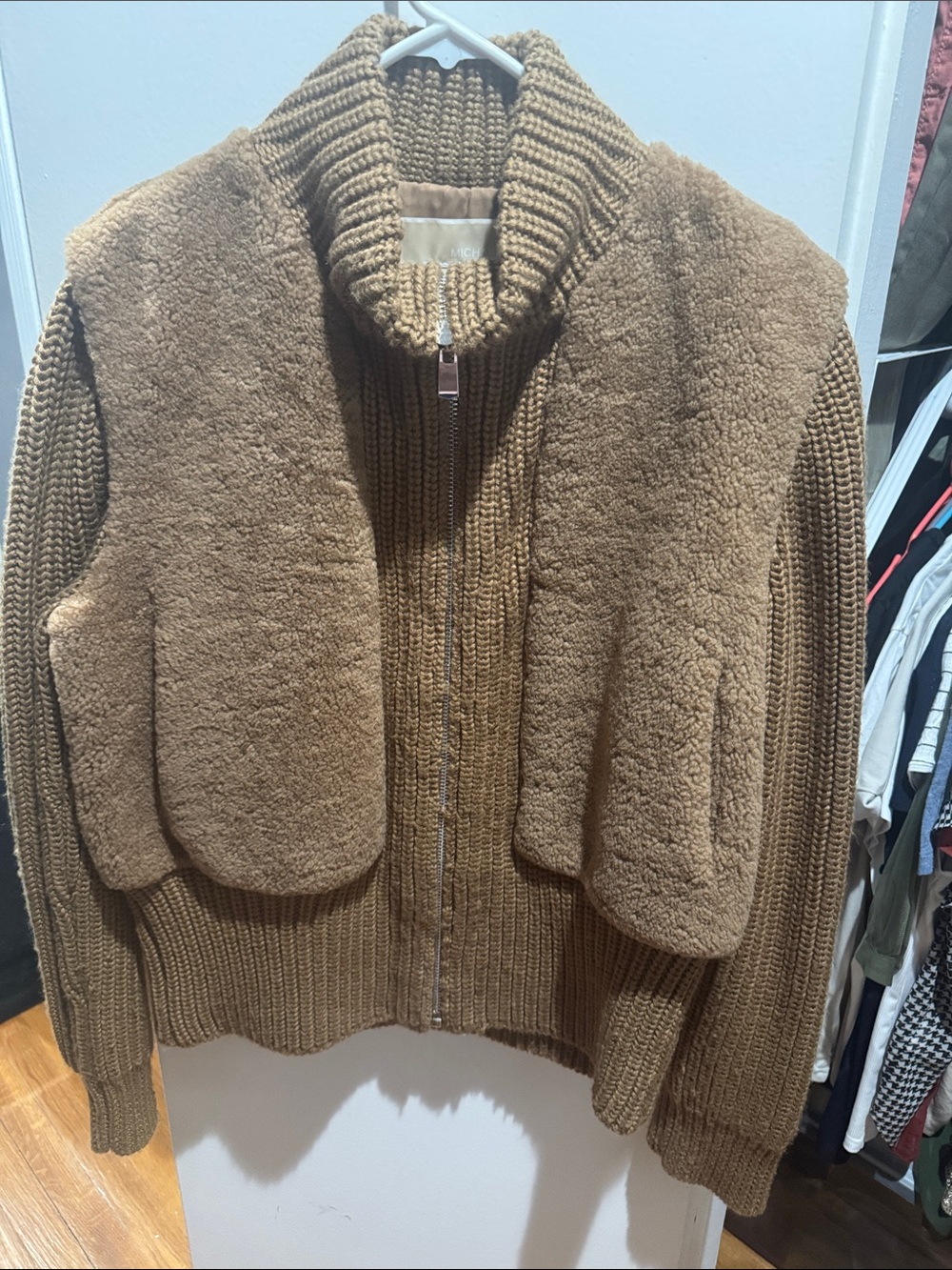 Woman’s Size L: Michael Kors Sherling Lamb Knit Zip Jacket. Camel color. Rare